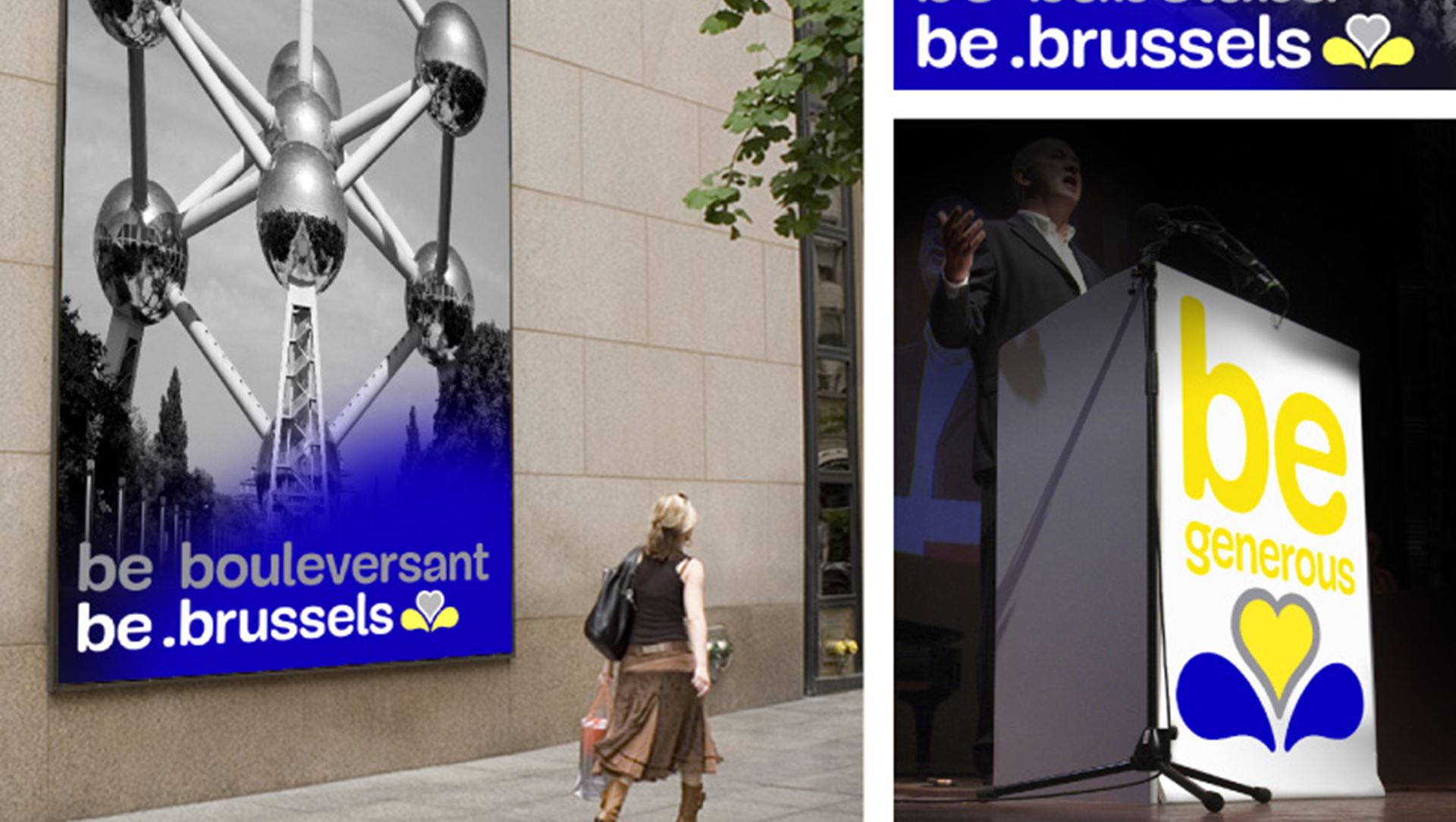 Lady walking past photo of Atomium on a wall. Man talking behind rostrum