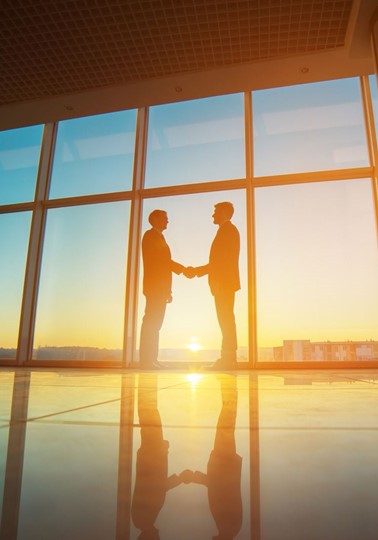 Two businessmen handshake in the office on the bright sun background