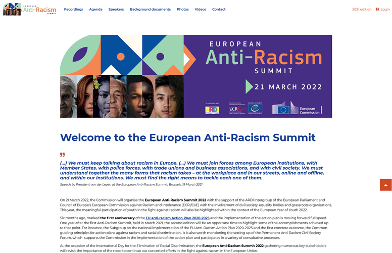 Screenshot of the European Anti-Racism Summit 2022 website